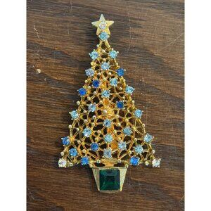 Vintage Gold-Tone Christmas Tree Brooch With Green & Blue Rhinestones